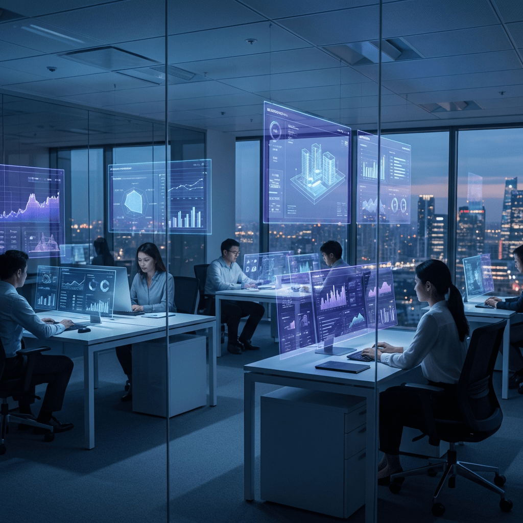 Futuristic office holographic interfaces blue purple lighting