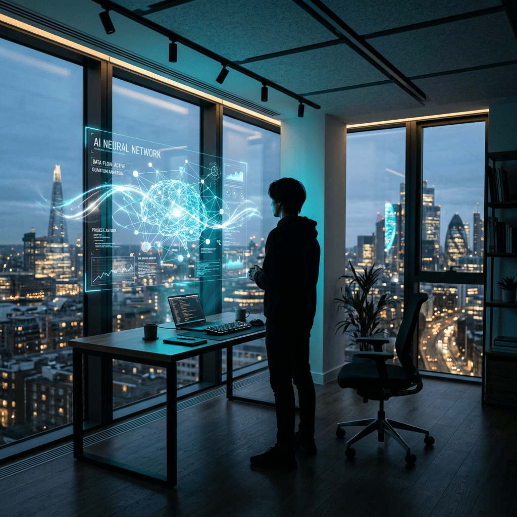 Person interacting with holographic AI neural network display in office with city skyline at dusk