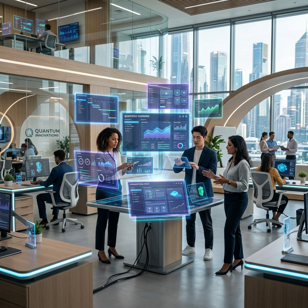 Three coworkers interacting with holographic data displays in a high-tech office.