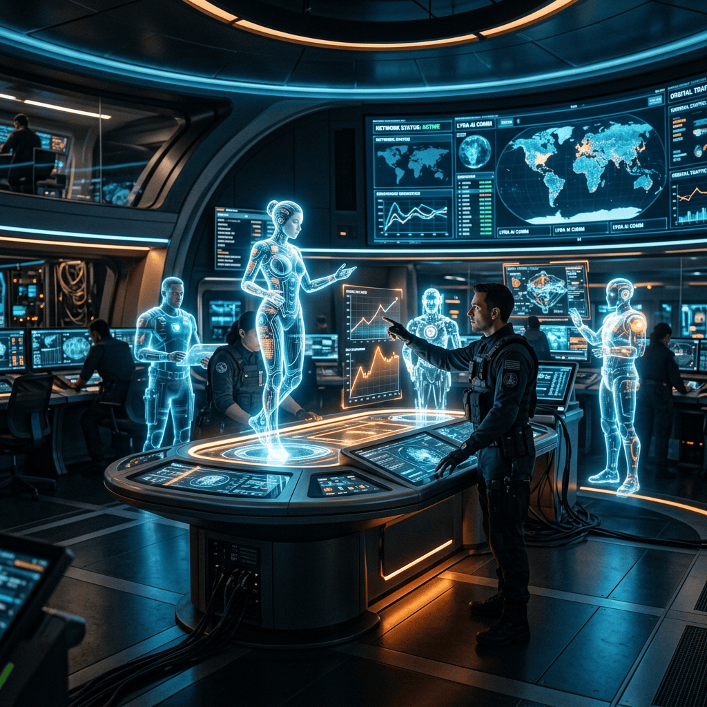 Personnel in a high-tech control room interacting with holographic AI figures and data projections